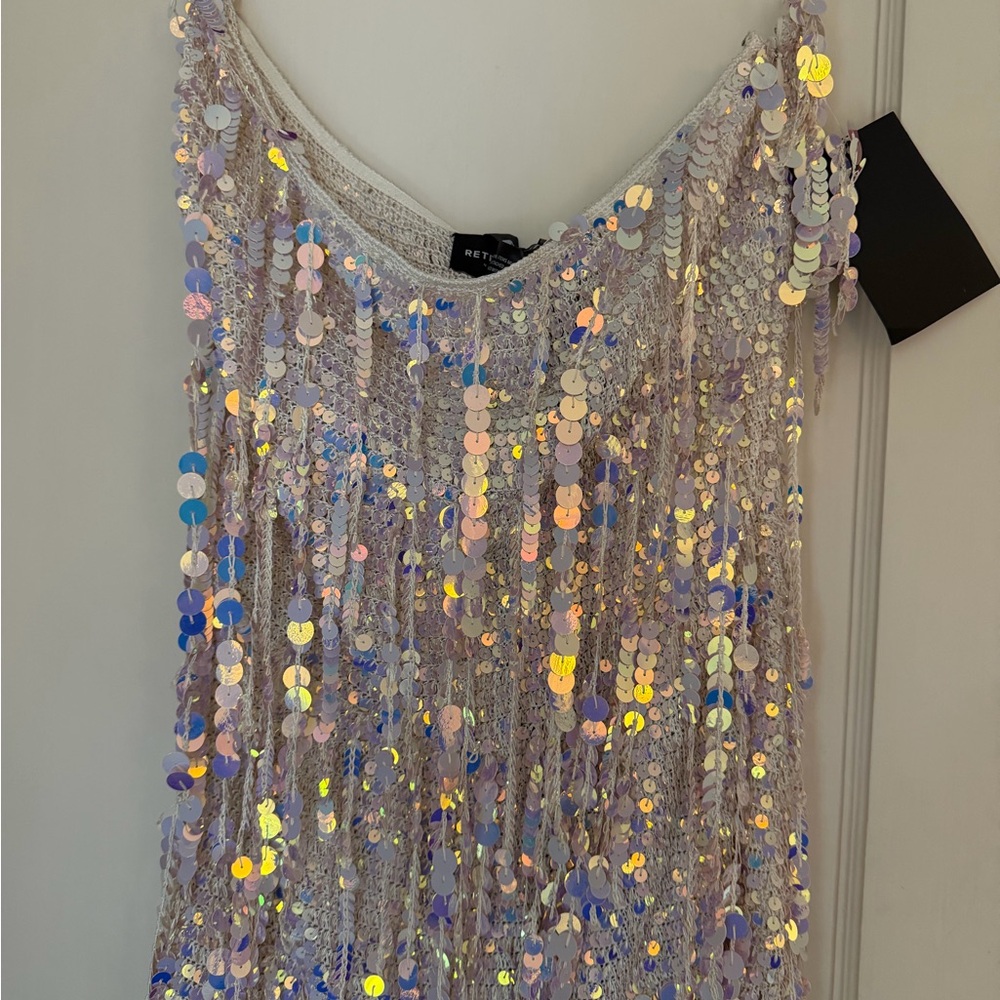 Retrofete Strapless Sequin Fringe Mini Dress in Iridescent Lilac and Blue - Picture 5 of 12